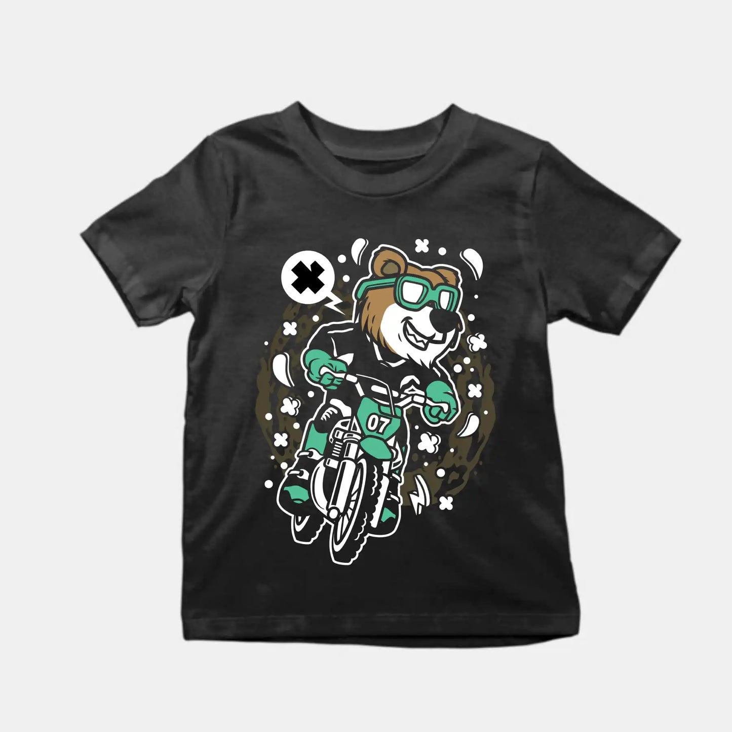 Bear Motocross Rider Kids Cotton T-Shirt Black IZZIT APPAREL