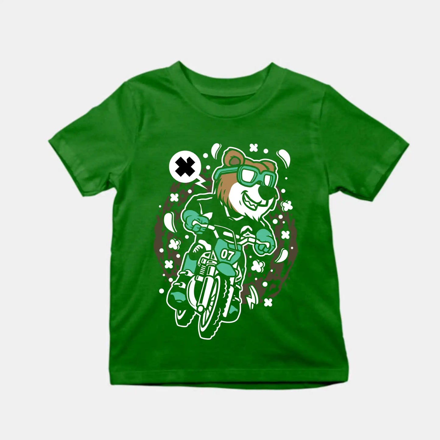 Bear Motocross Rider Kids Cotton T-Shirt Bottle Green IZZIT APPAREL