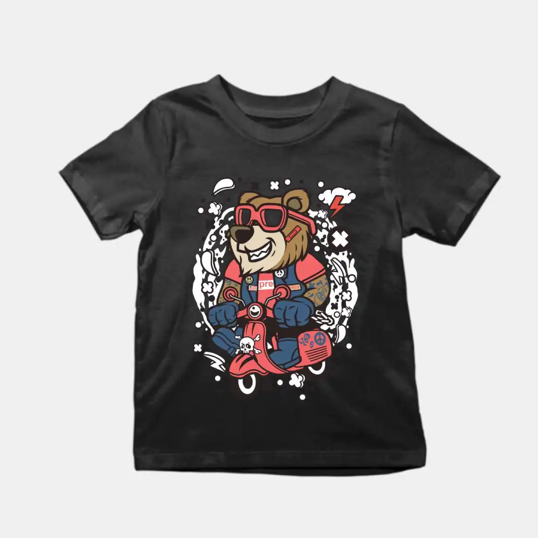 Bear Scooterist Kids Cotton T-Shirt Black IZZIT APPAREL