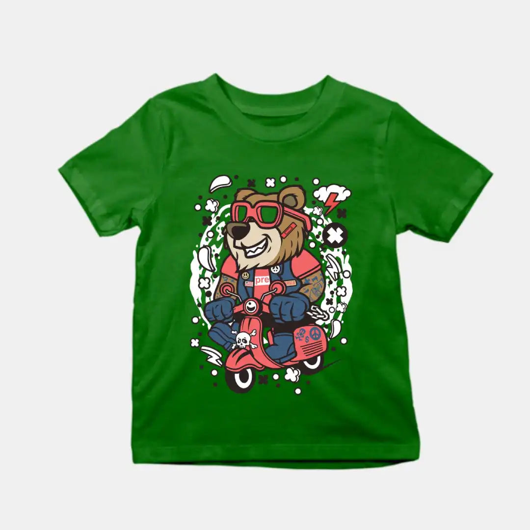Bear Scooterist Kids Cotton T-Shirt Bottle Green IZZIT APPAREL