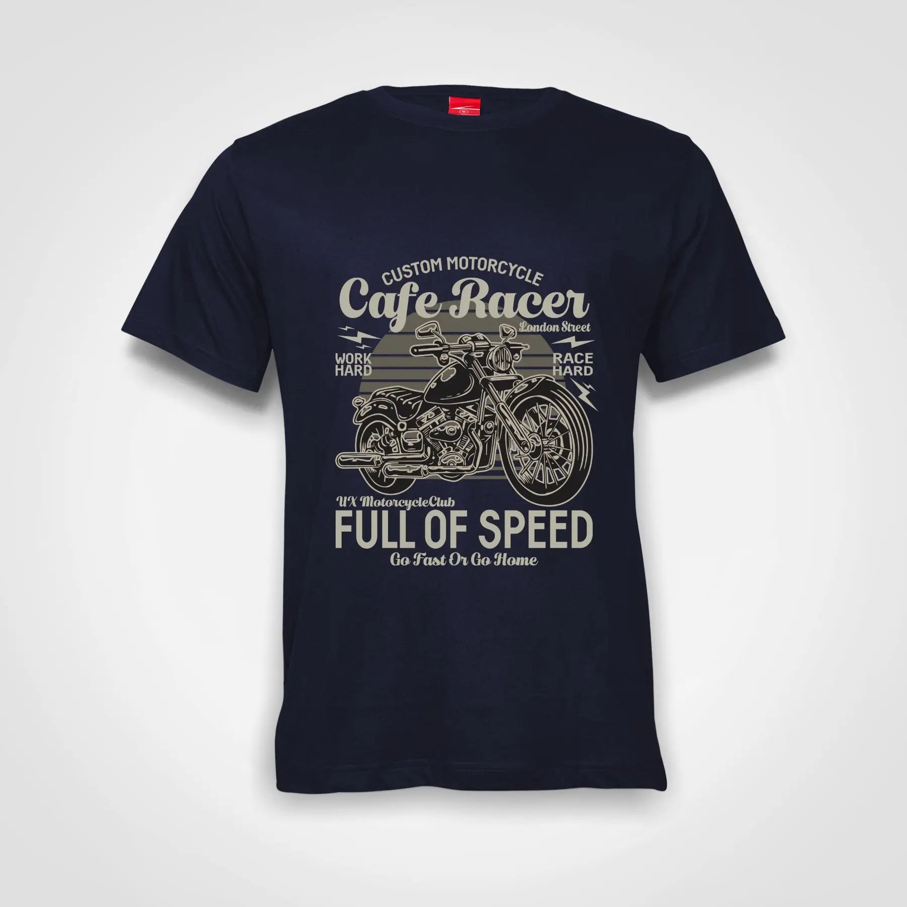 Custom Motorcycle Cafe Racer Full Of Speed Cotton T-Shirt Navy IZZIT APPAREL