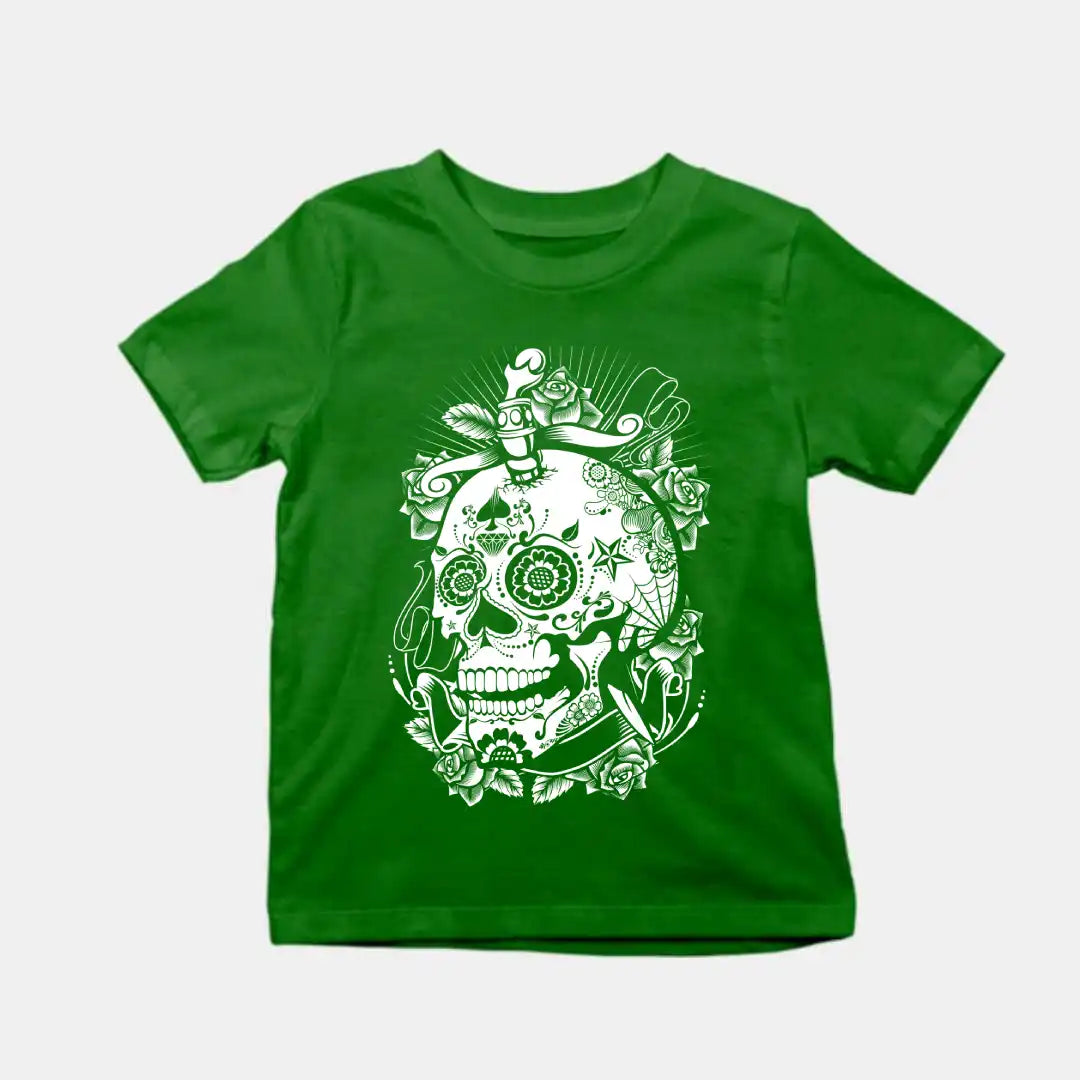Flower Skull Kids T-Shirt Bottle Green IZZIT APPAREL
