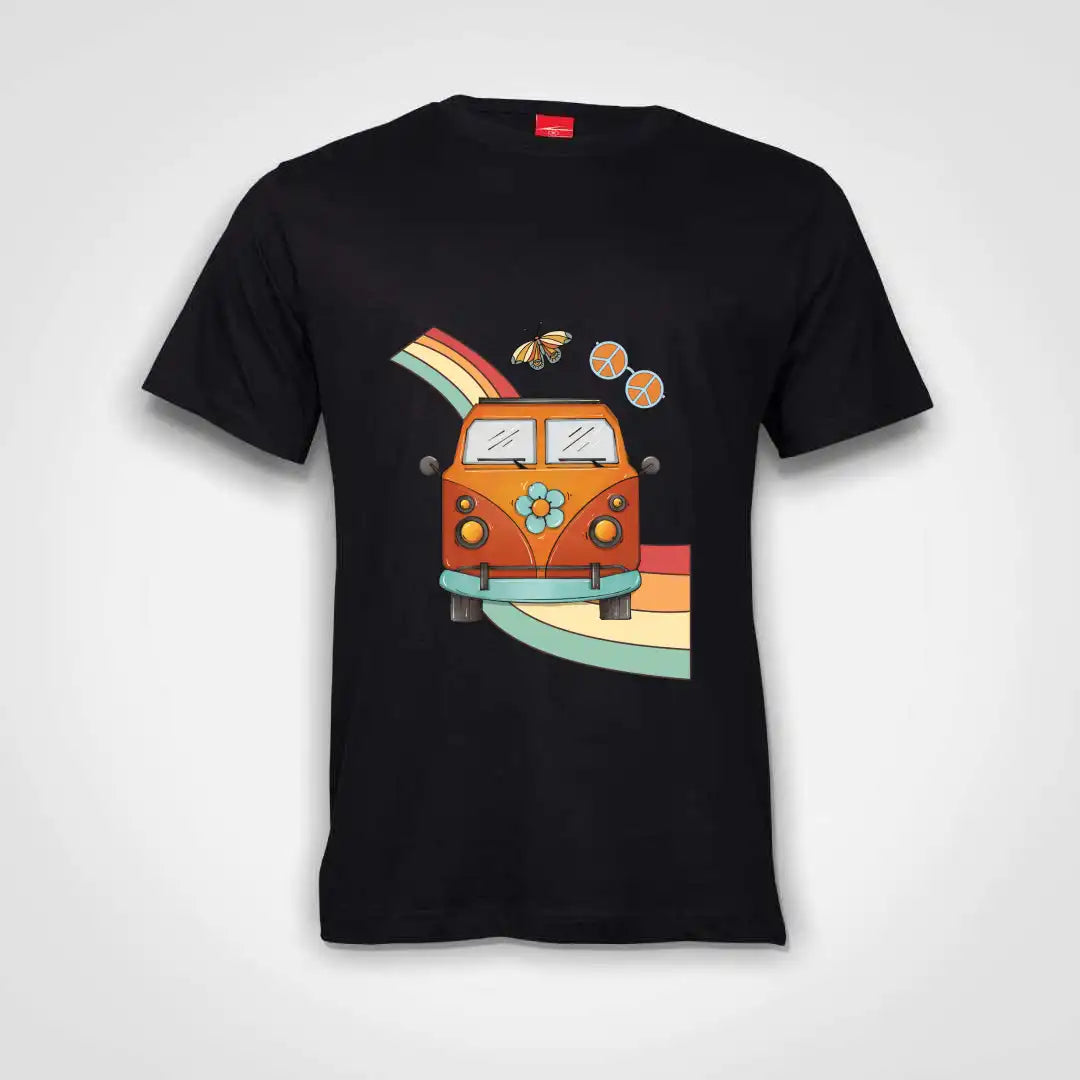 Hippie Van On Rainbow Cotton T-Shirt Black IZZIT APPAREL
