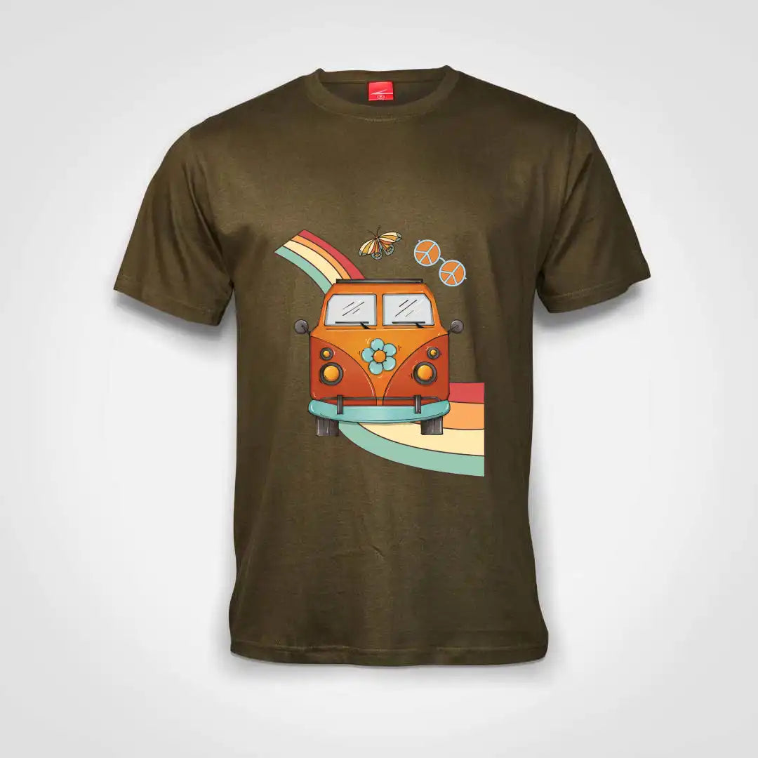 Hippie Van On Rainbow Cotton T-Shirt Olive IZZIT APPAREL