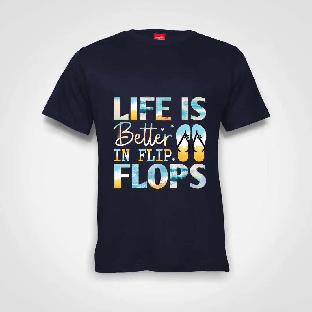 Life Is Better In Flip Flops Cotton T-Shirt Navy IZZIT APPAREL