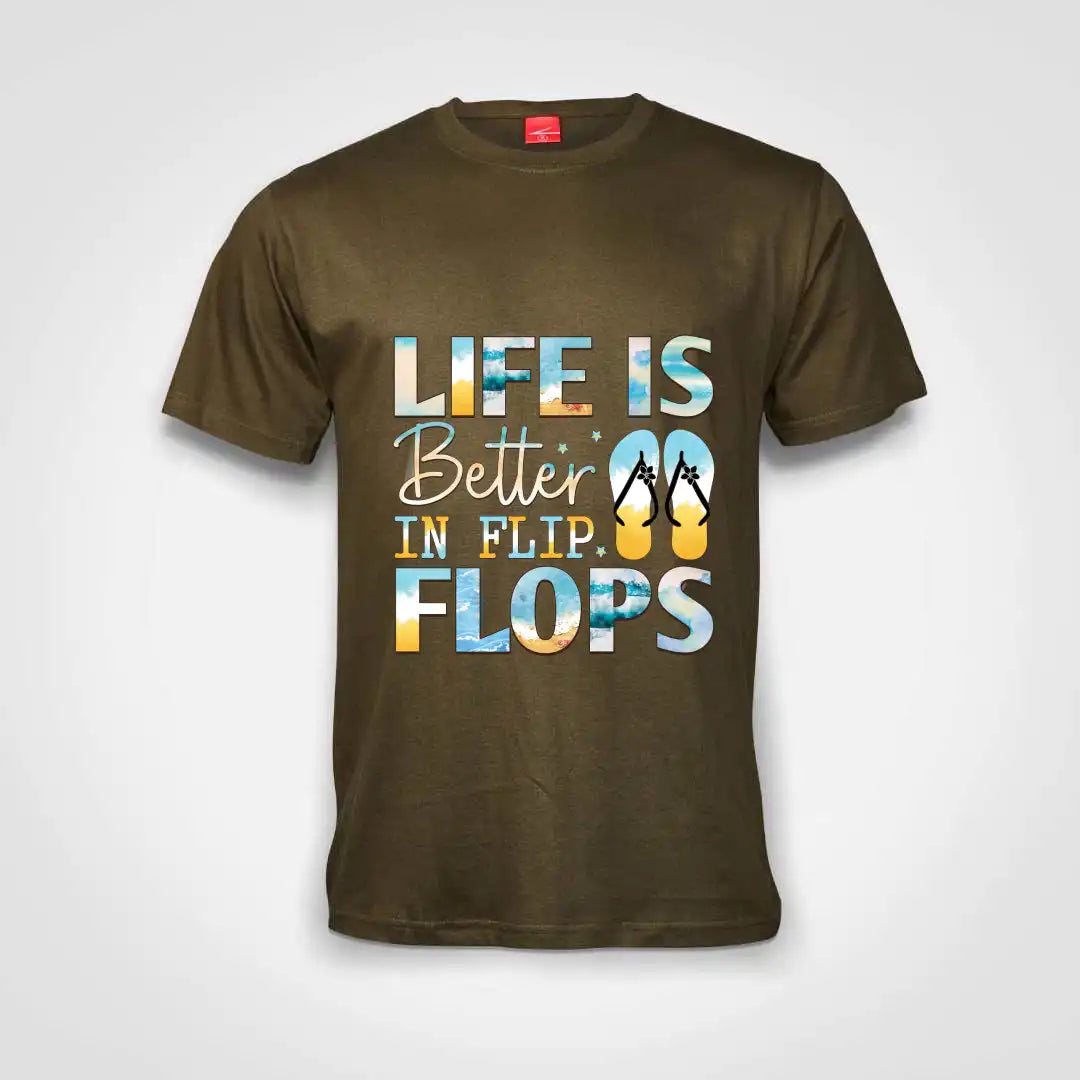 Life Is Better In Flip Flops Cotton T-Shirt Olive IZZIT APPAREL