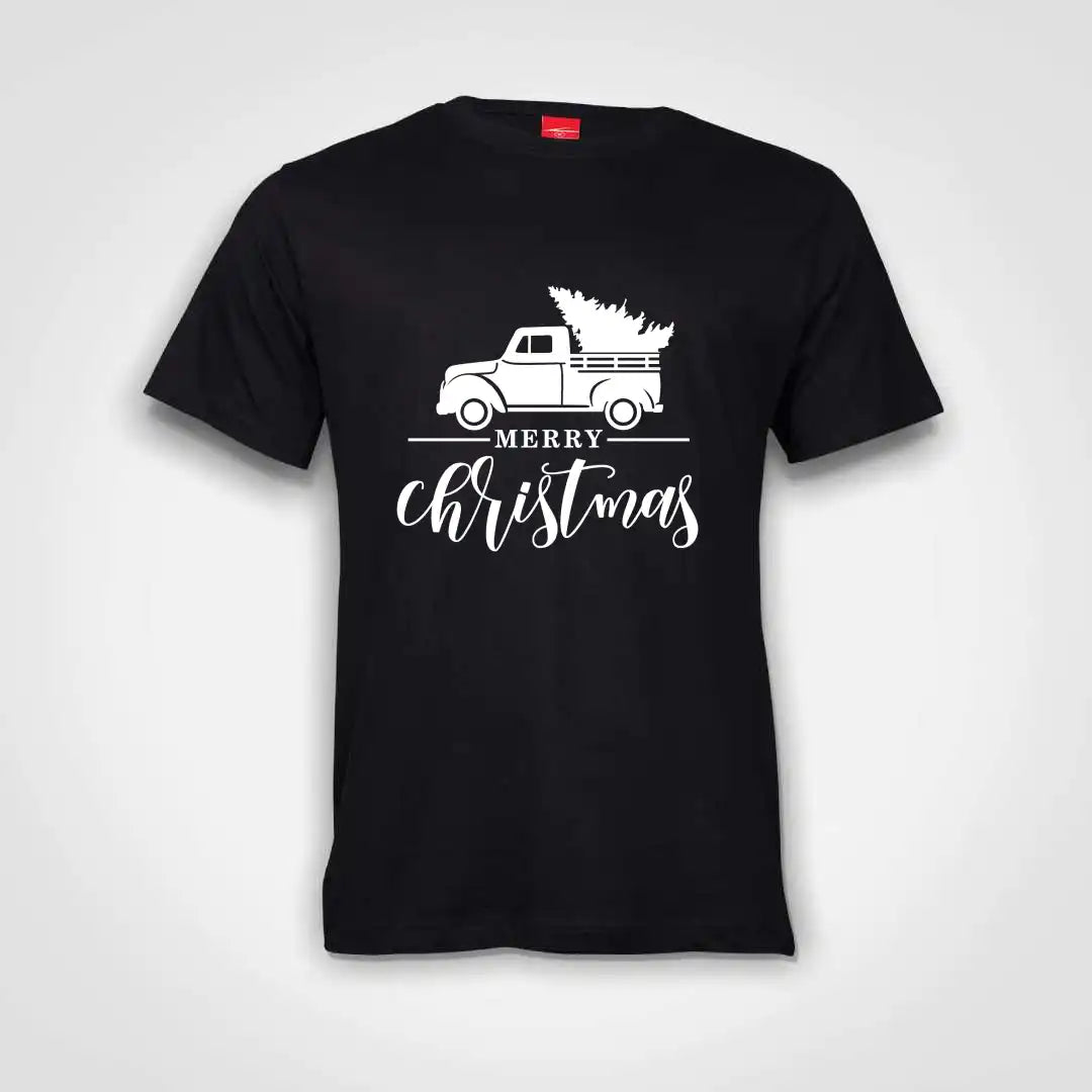 Merry Christmas Truck Cotton T-Shirt Black IZZIT APPAREL