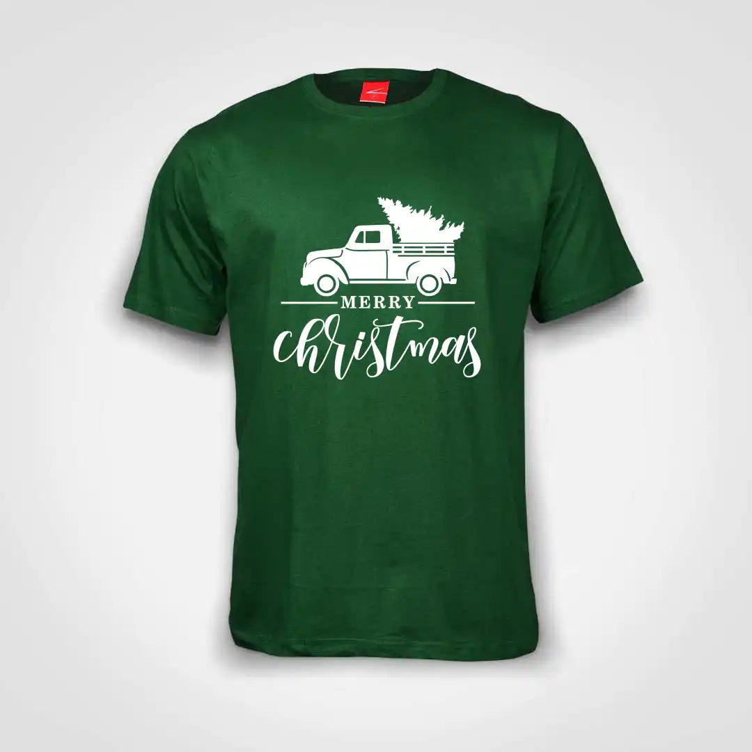 Merry Christmas Truck Cotton T-Shirt Bottle Green IZZIT APPAREL