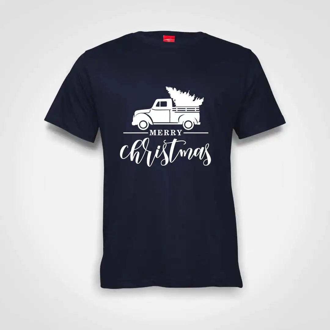 Merry Christmas Truck Cotton T-Shirt Navy IZZIT APPAREL