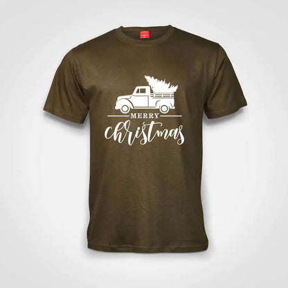 Merry Christmas Truck Cotton T-Shirt Olive IZZIT APPAREL