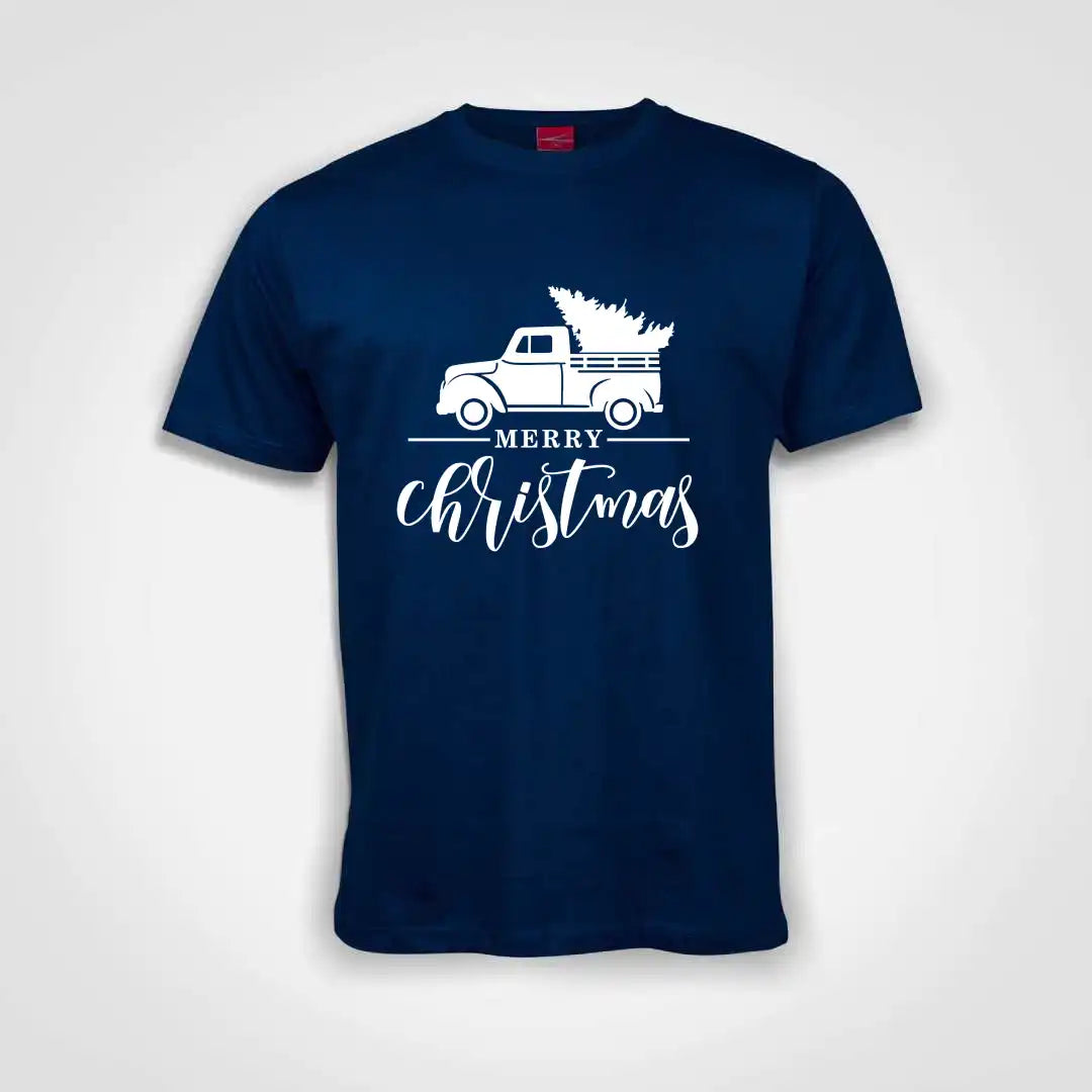 Merry Christmas Truck Cotton T-Shirt Royal Blue IZZIT APPAREL