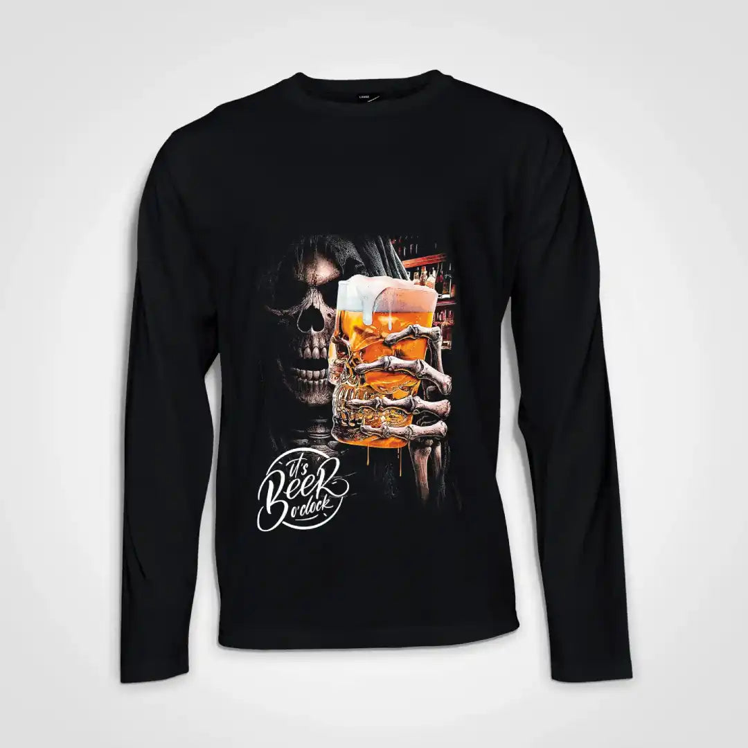 Skull Beer O Clock Long Sleeve Heavy Weight T-shirt Black IZZIT APPAREL