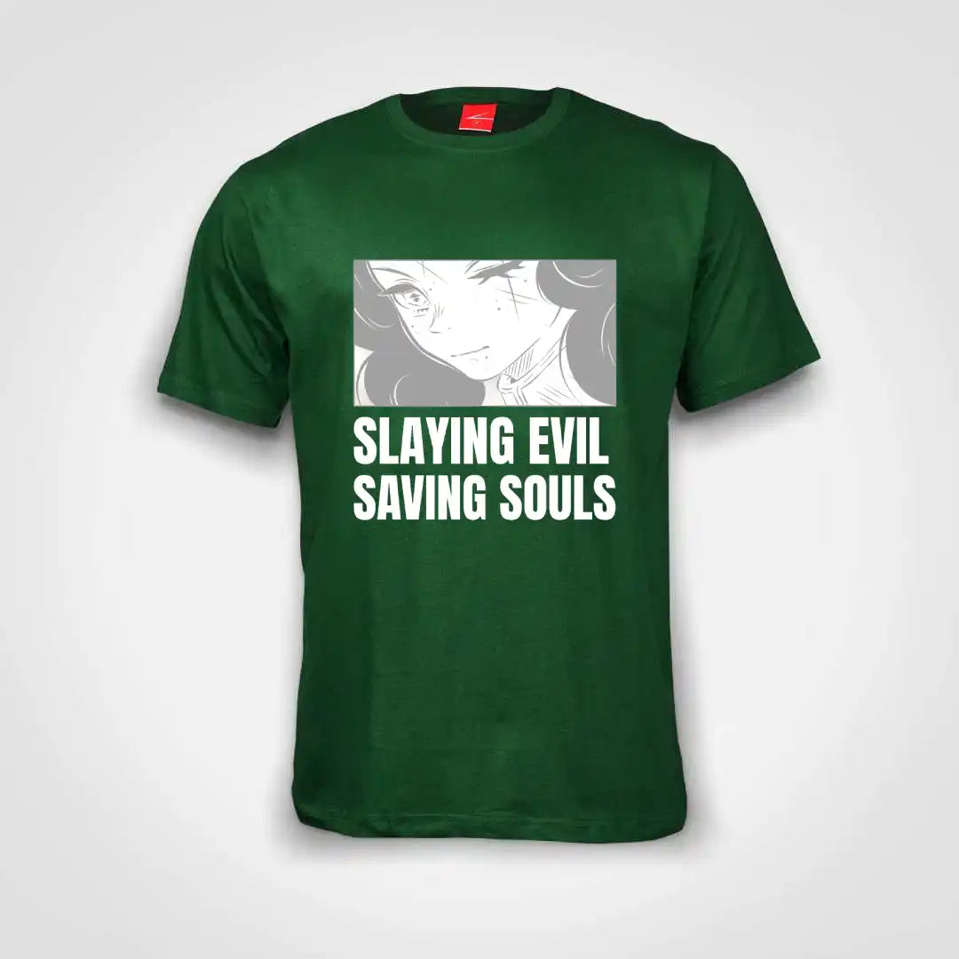 Slaying Evil Saving Souls Cotton T-Shirt Bottle Green IZZIT APPAREL