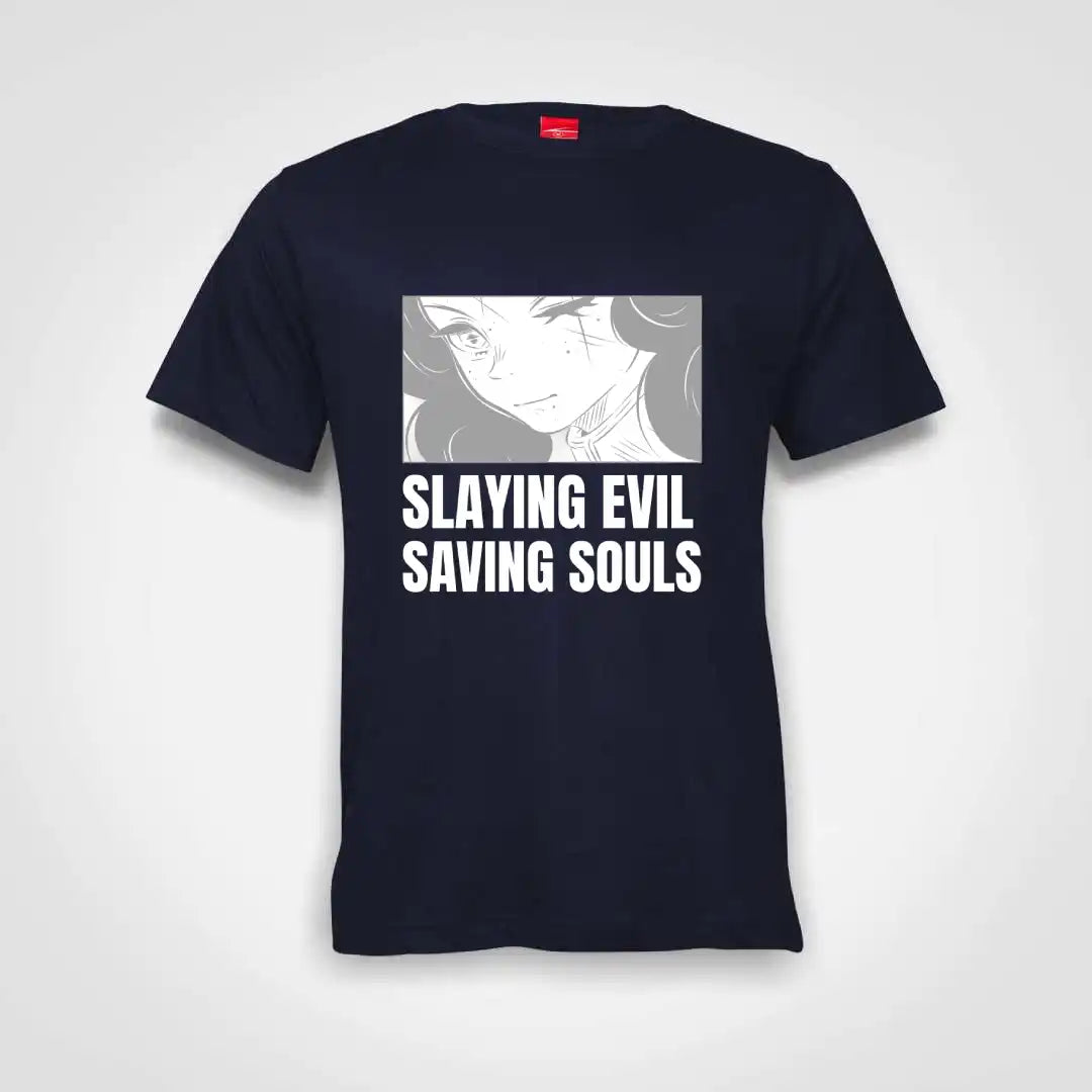 Slaying Evil Saving Souls Cotton T-Shirt Navy IZZIT APPAREL