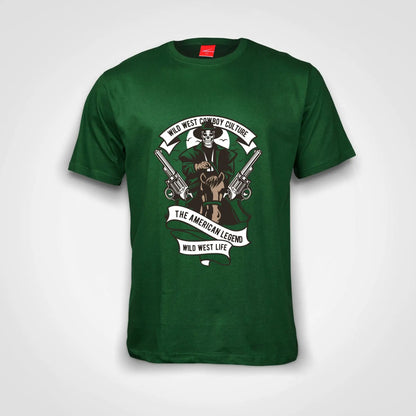 Wild West Skull Cowboy Culture Cotton T-Shirt Bottle Green IZZIT APPAREL