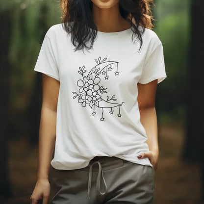 Crescent Moon Flowers Cotton T-Shirt